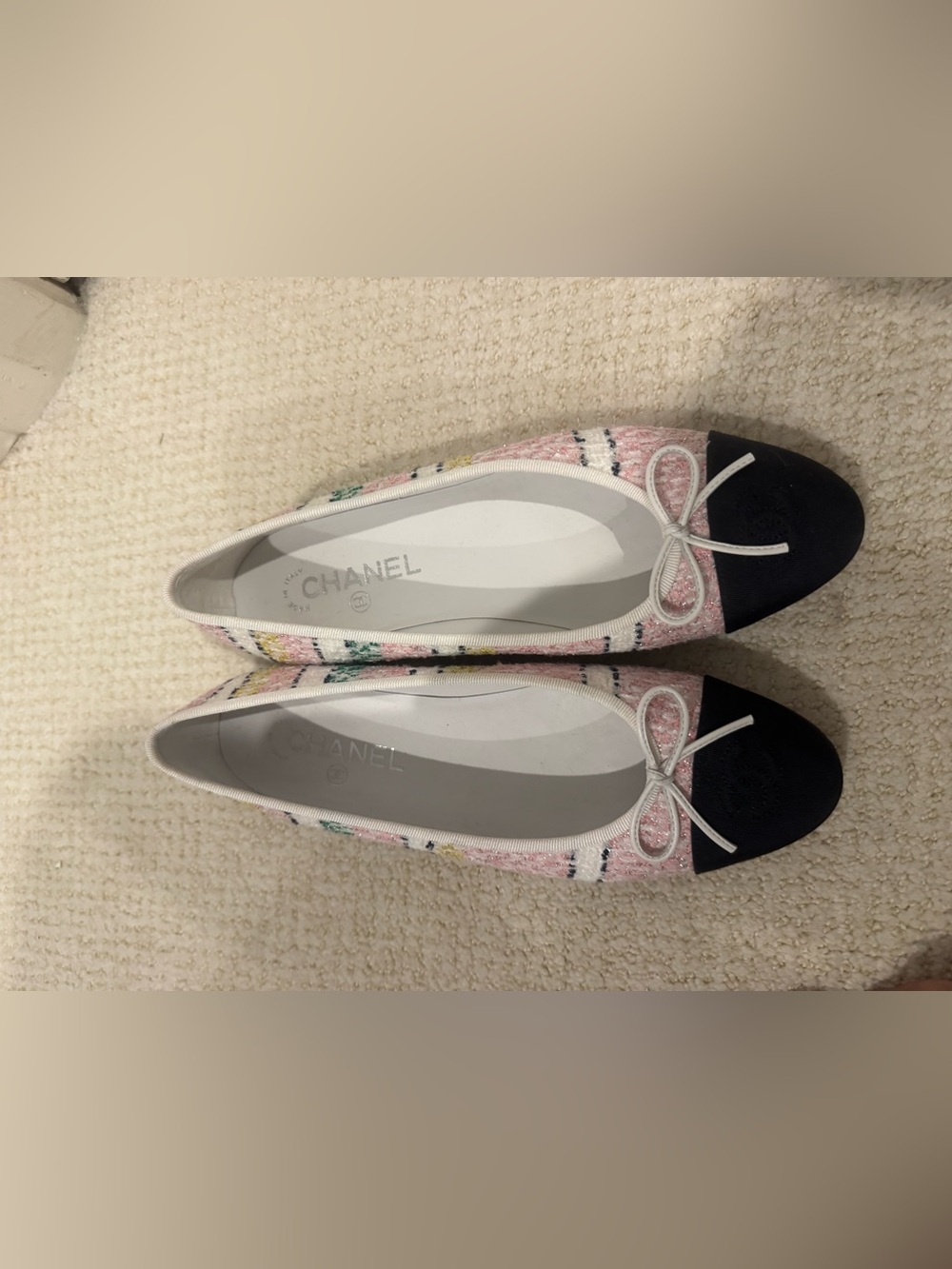 CHANEL Pink Tweed Ballet Flats with Black Cap Toe